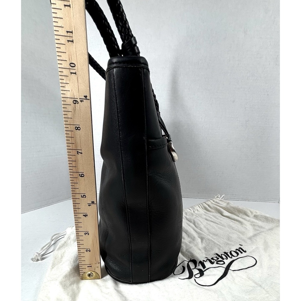 VTG Brighton Black Leather Bucket Purse Heart Charm Dust Bag 90s Weave Handle EC - Picture 5 of 10